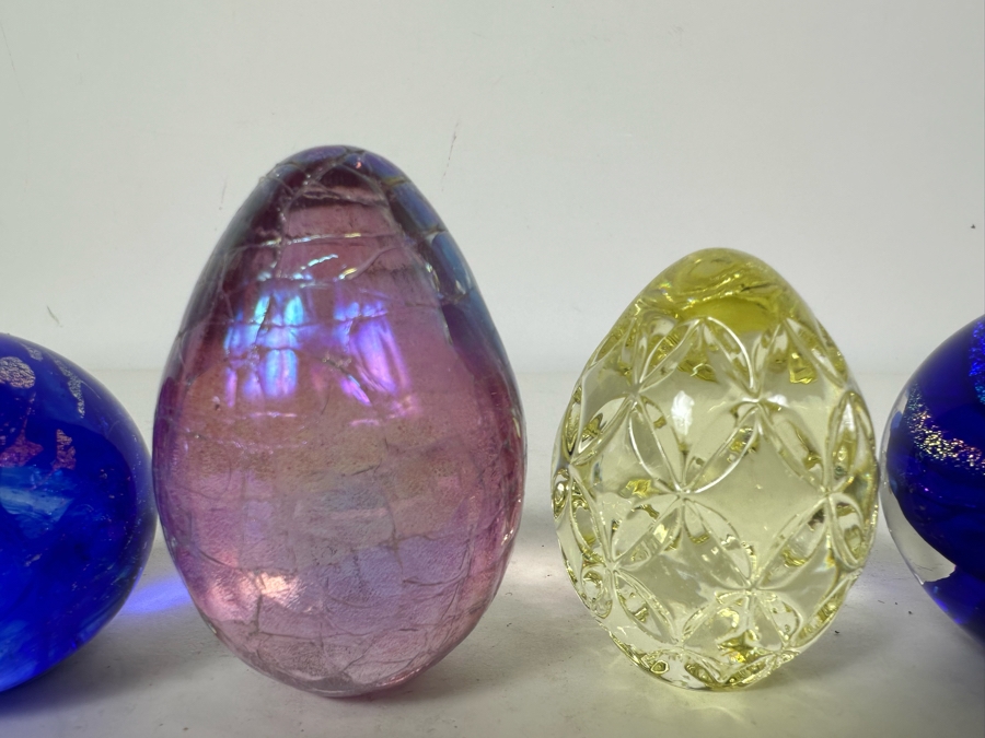 Waterford Glass Egg Paperweight, OBG Art Glass Egg Paperweight And Pair Of Signed Art Glass Paperweights (One With $54 Price Tag) [Photo 2]