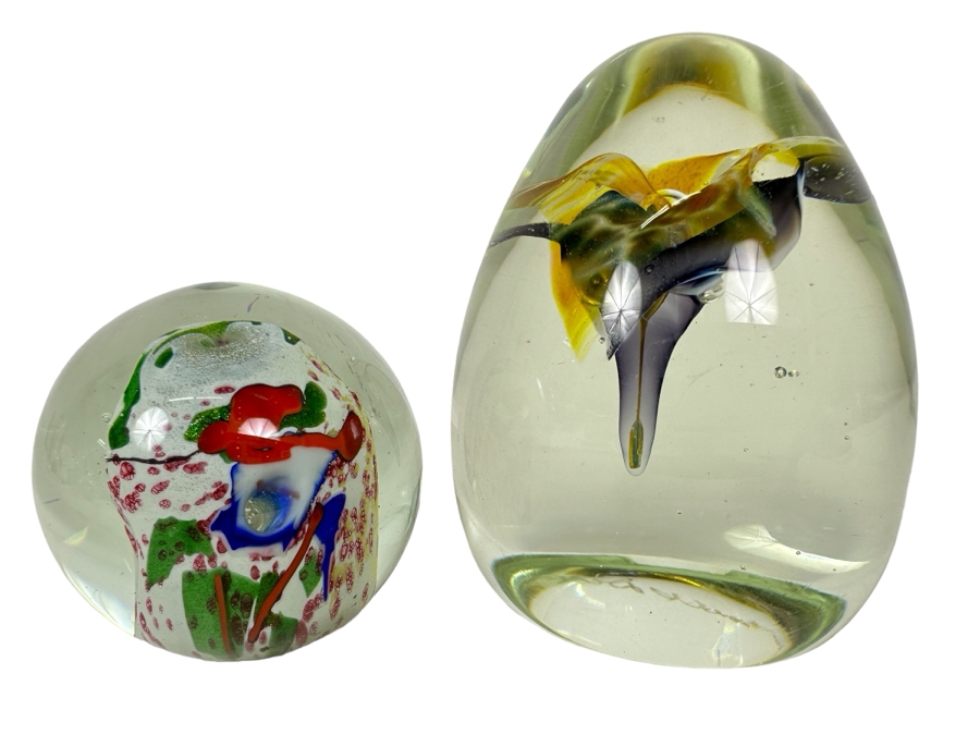 Pair Of Signed Art Glass Paperweights