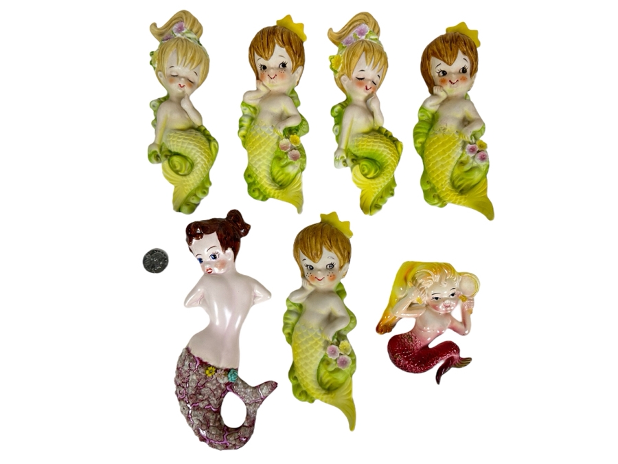 Seven Vintage Mermaids Ceramic Wall Decor 8'H