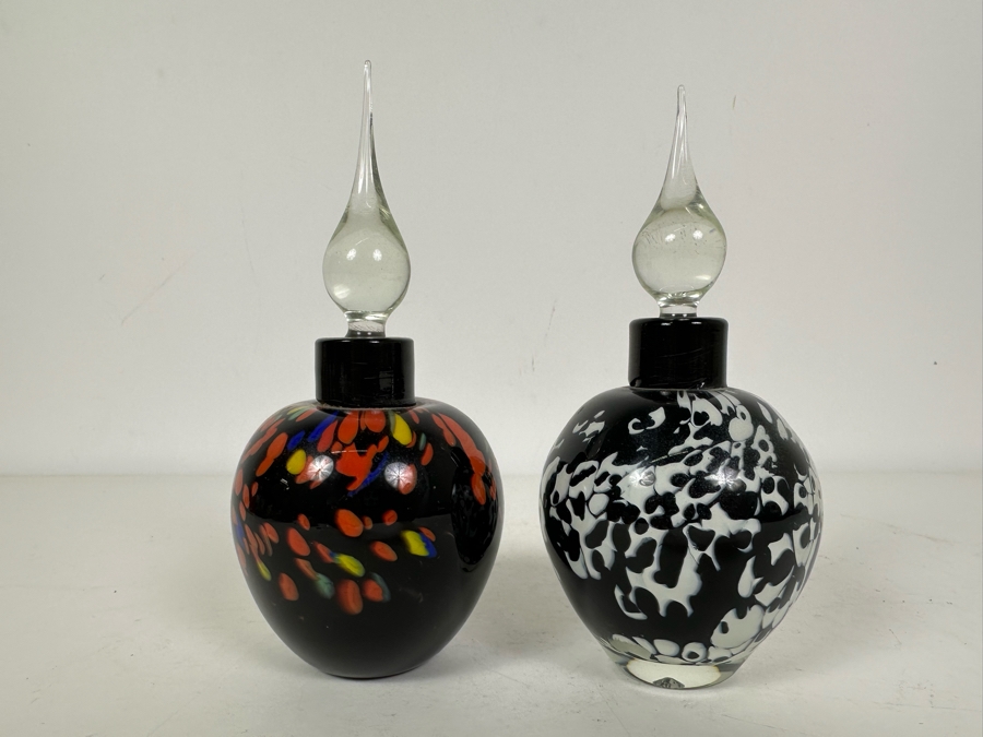 Pair Of Vintage Signed Art Glass Perfume Bottles With Stoppers 7'H [Photo 5]