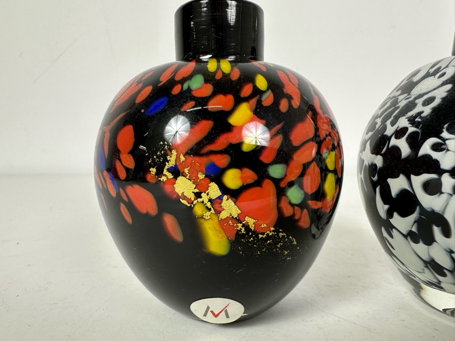 Pair Of Vintage Signed Art Glass Perfume Bottles With Stoppers 7'H [Photo 2]