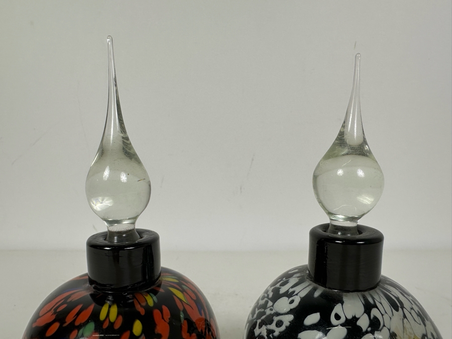 Pair Of Vintage Signed Art Glass Perfume Bottles With Stoppers 7'H [Photo 4]