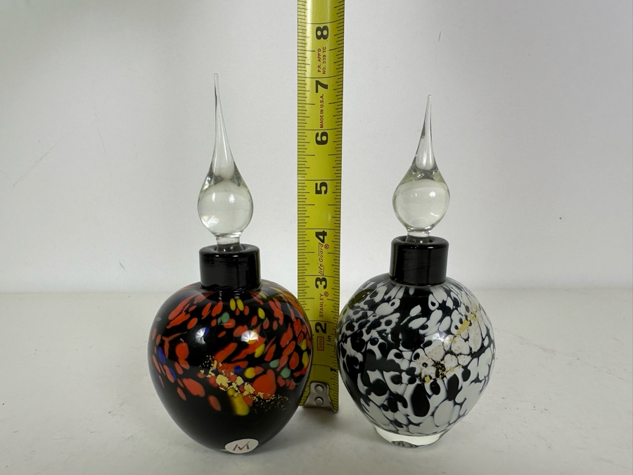 Pair Of Vintage Signed Art Glass Perfume Bottles With Stoppers 7'H [Photo 9]