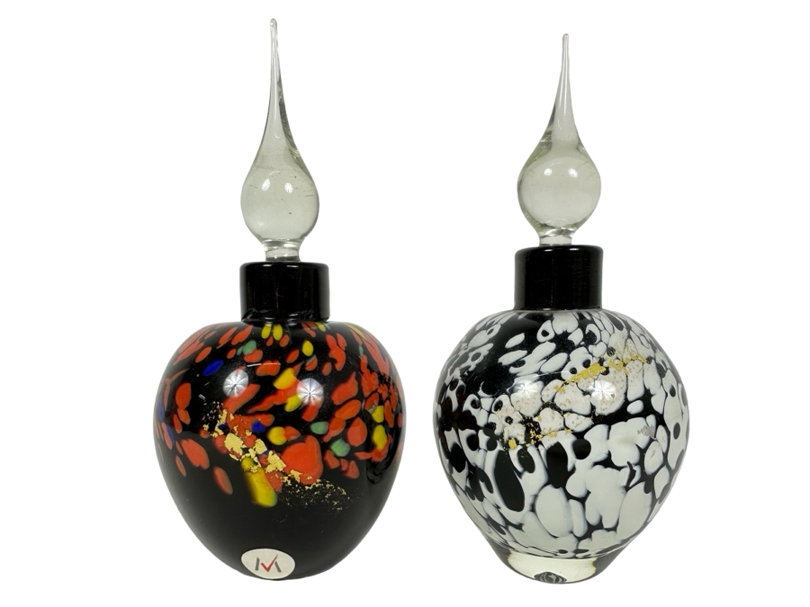 Pair Of Vintage Signed Art Glass Perfume Bottles With Stoppers 7'H