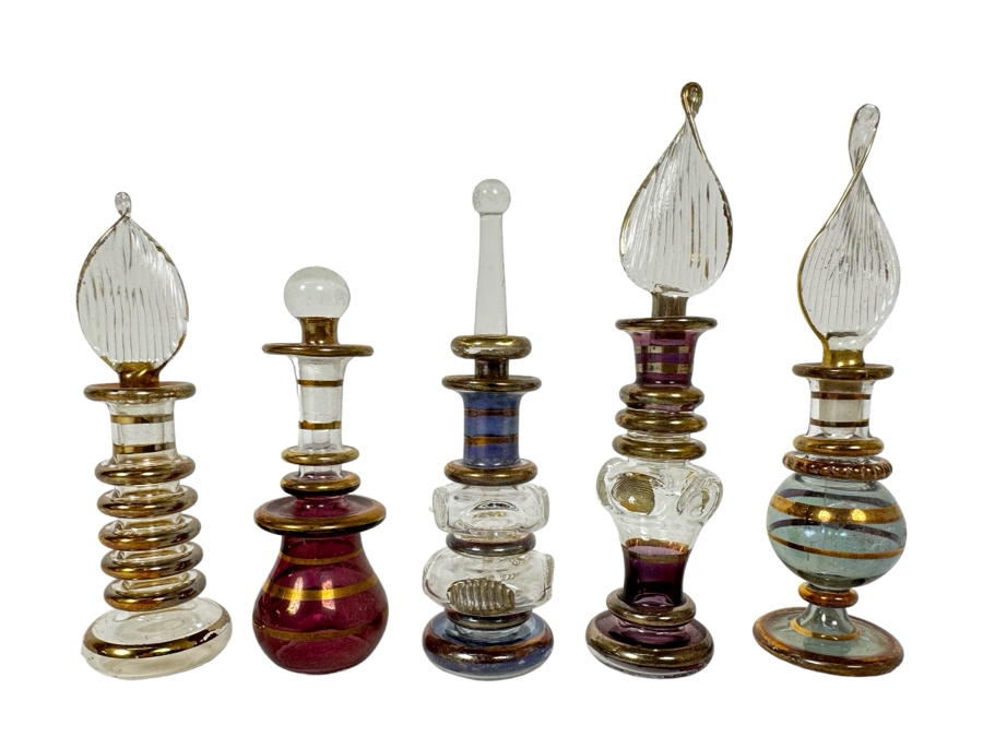 Five Vintage Miniature Handblown Egyptian Glass Perfume Bottles 4'H