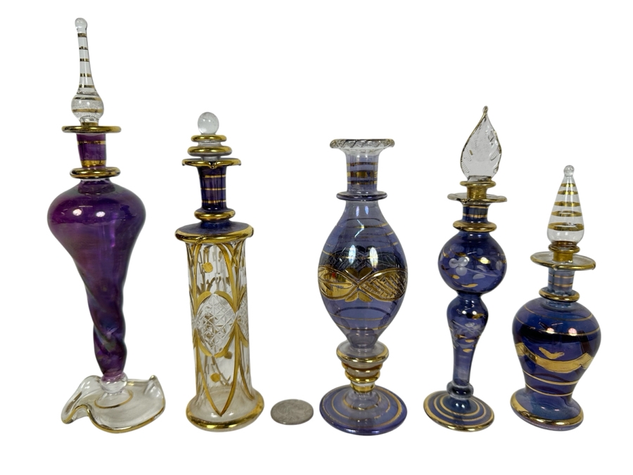 Five Vintage Handblown Egyptian Glass Perfume Bottles 8'H