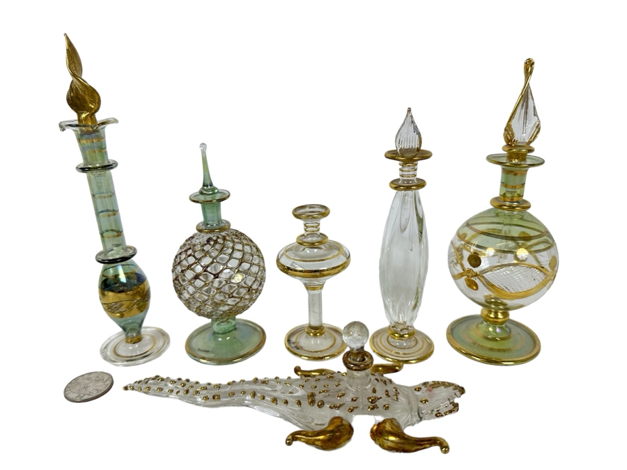 Six Vintage Handblown Egyptian Glass Perfume Bottles 7'H [Photo 1]