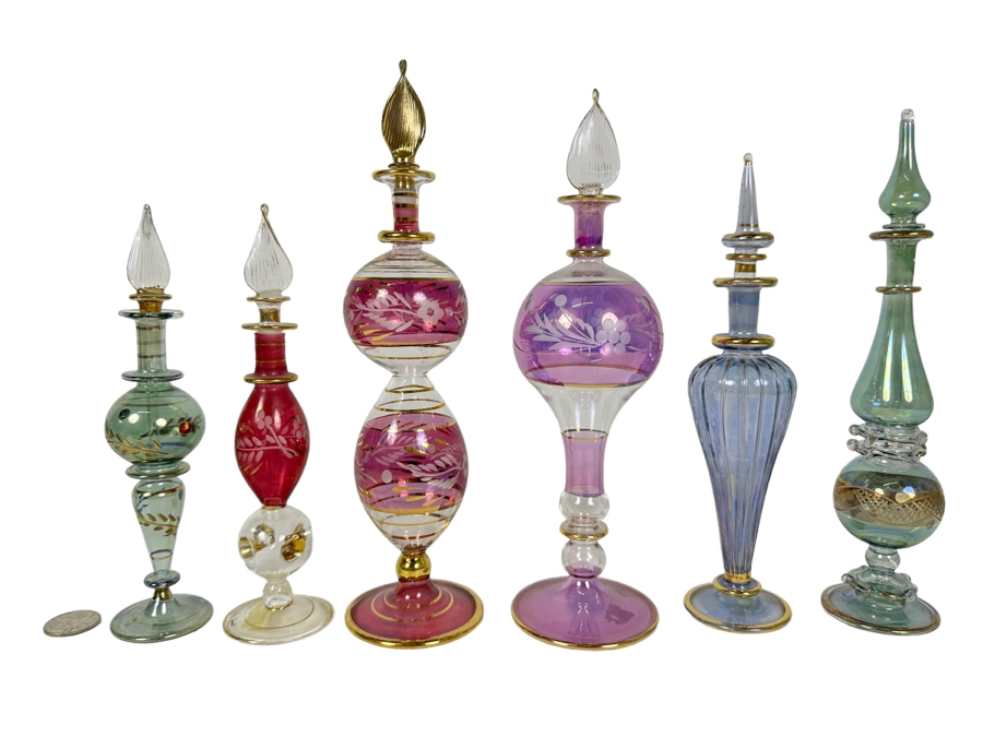 Six Vintage Handblown Egyptian Glass Perfume Bottles 10'H	 [Photo 1]
