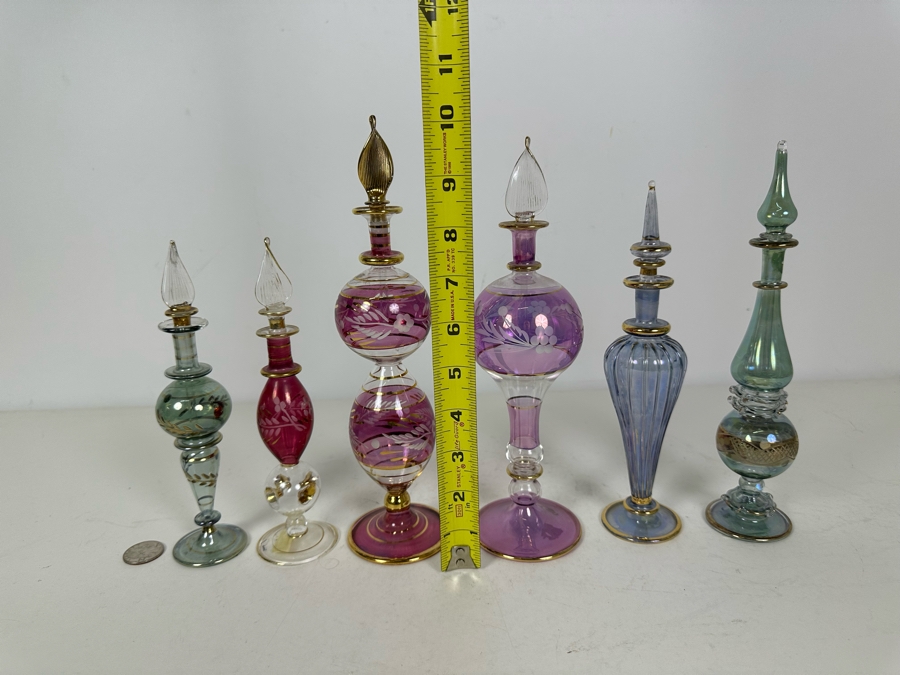 Six Vintage Handblown Egyptian Glass Perfume Bottles 10'H	 [Photo 7]