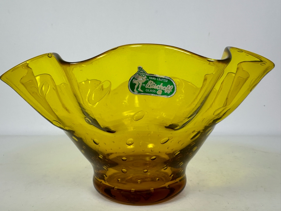 Vintage Mid-Century Modern Bischoff Glass Yellow Ruffled Bowl 9.5'W [Photo 7]