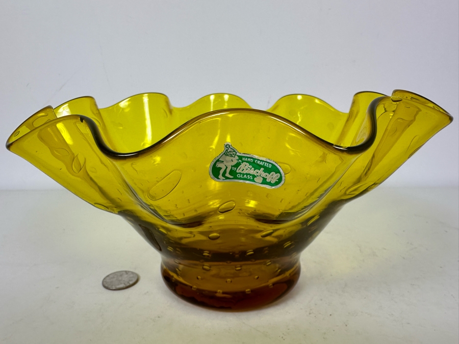 Vintage Mid-Century Modern Bischoff Glass Yellow Ruffled Bowl 9.5'W [Photo 2]