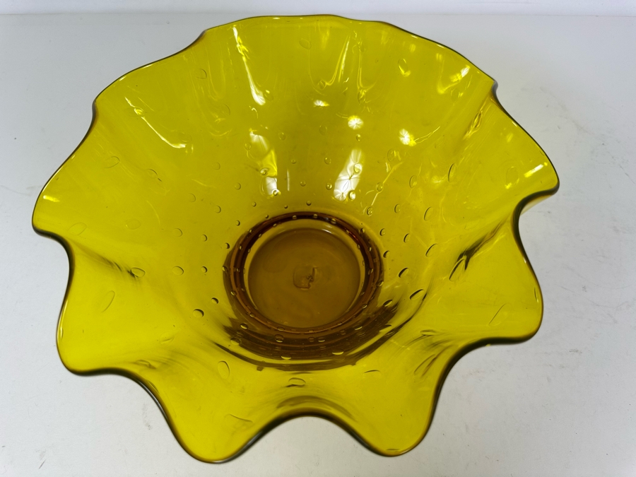 Vintage Mid-Century Modern Bischoff Glass Yellow Ruffled Bowl 9.5'W [Photo 5]