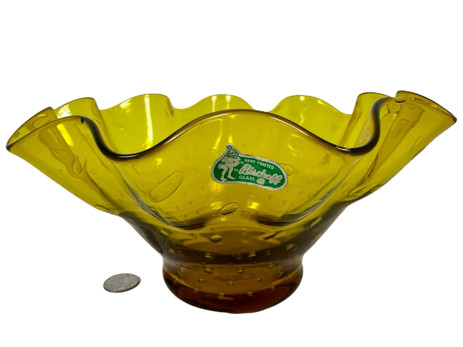 Vintage Mid-Century Modern Bischoff Glass Yellow Ruffled Bowl 9.5'W [Photo 1]