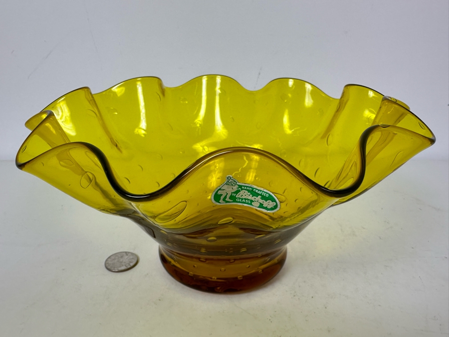 Vintage Mid-Century Modern Bischoff Glass Yellow Ruffled Bowl 9.5'W [Photo 3]