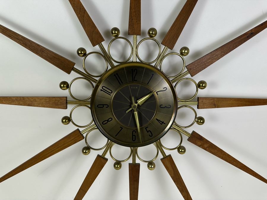 Vintage Mid-Century Modern Elgin Sunburst Wood And Brass Wall Clock Working 30'W [Photo 5]