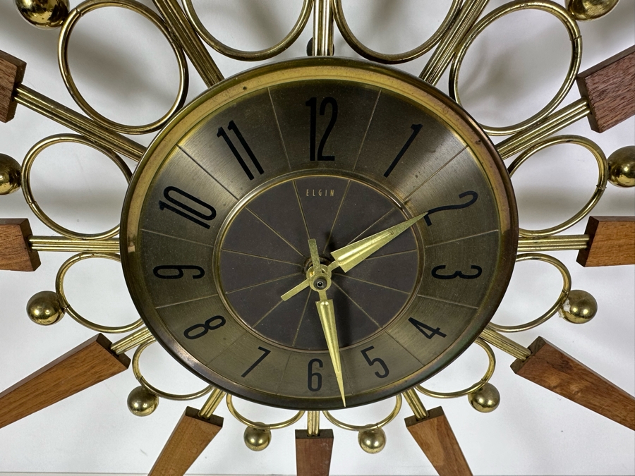 Vintage Mid-Century Modern Elgin Sunburst Wood And Brass Wall Clock Working 30'W [Photo 4]