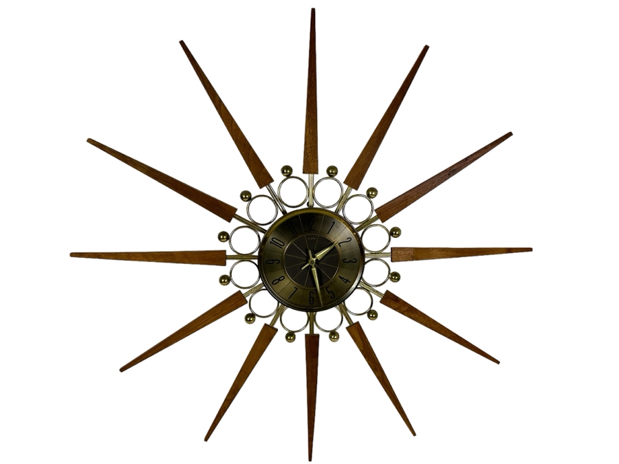 Vintage Mid-Century Modern Elgin Sunburst Wood And Brass Wall Clock Working 30'W