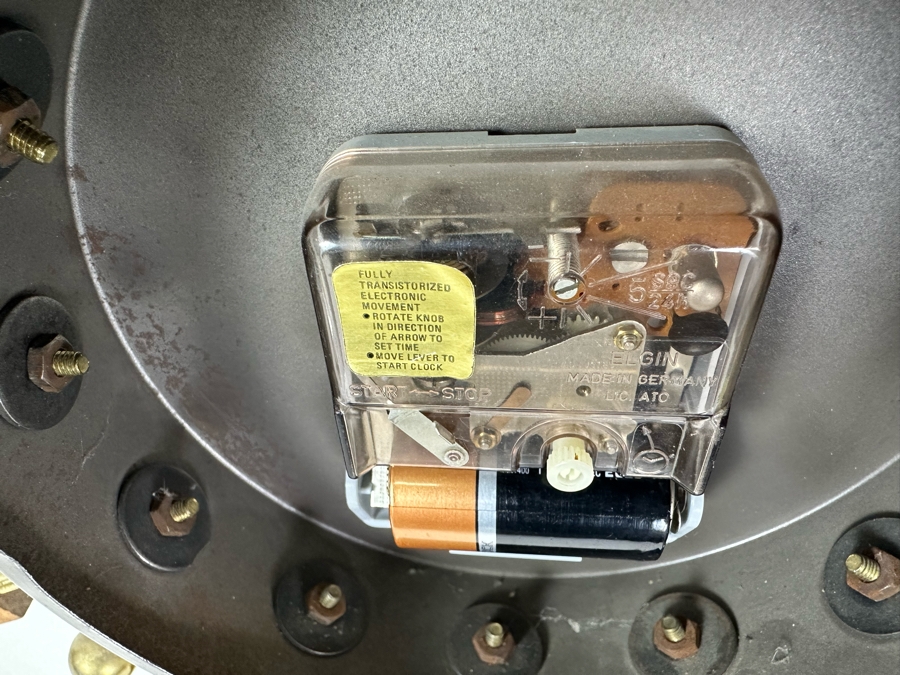 Vintage Mid-Century Modern Elgin Sunburst Wood And Brass Wall Clock Working 30'W [Photo 8]