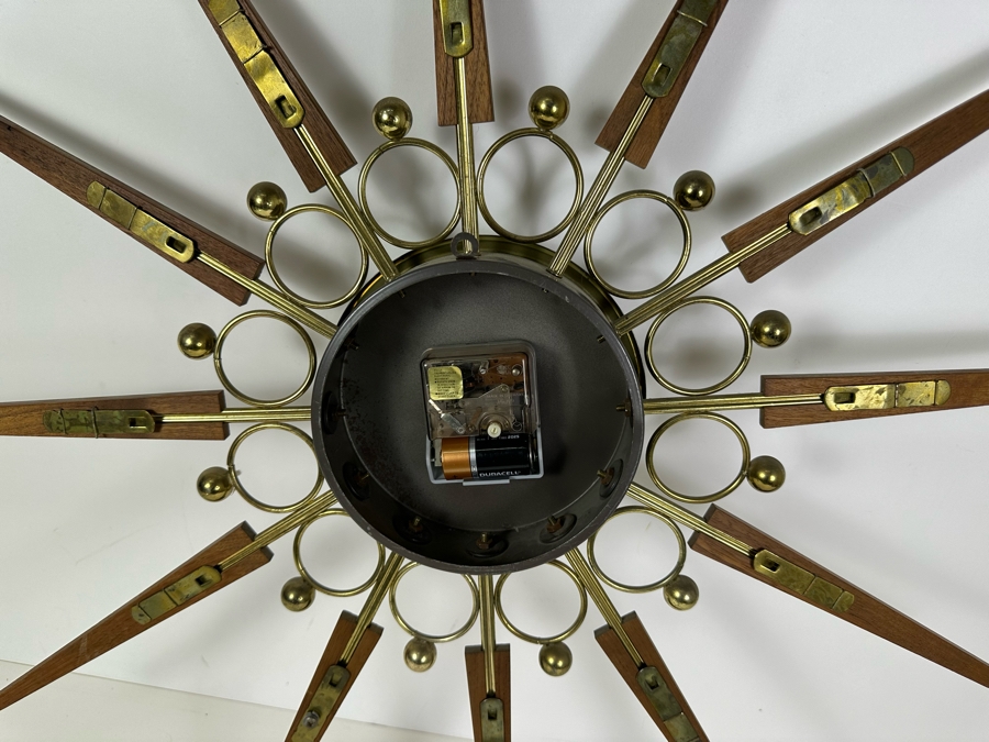 Vintage Mid-Century Modern Elgin Sunburst Wood And Brass Wall Clock Working 30'W [Photo 6]