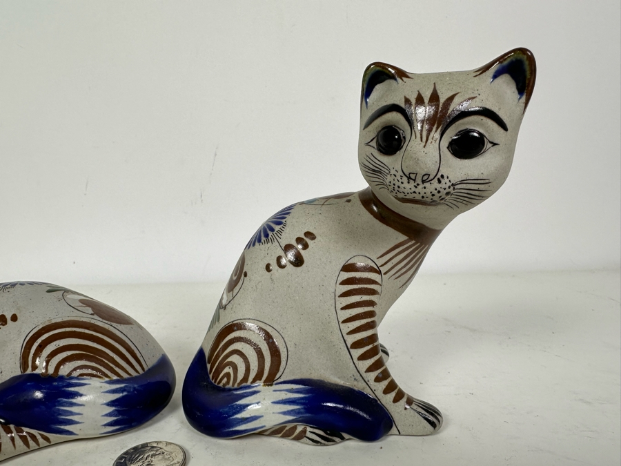 Pair Of Signed Mexican Pottery Cat Figurines 5.5'H [Photo 3]