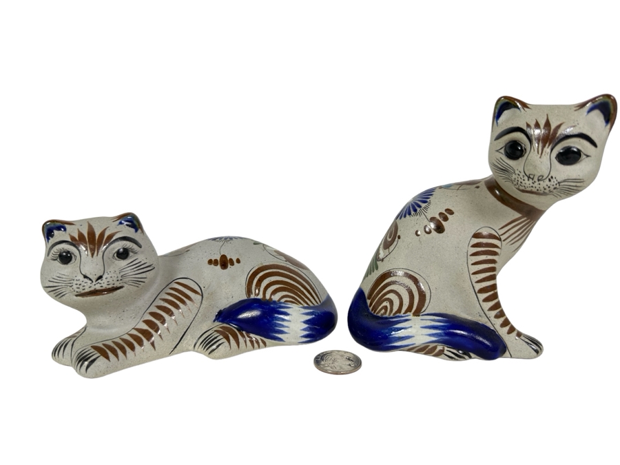 Pair Of Signed Mexican Pottery Cat Figurines 5.5'H