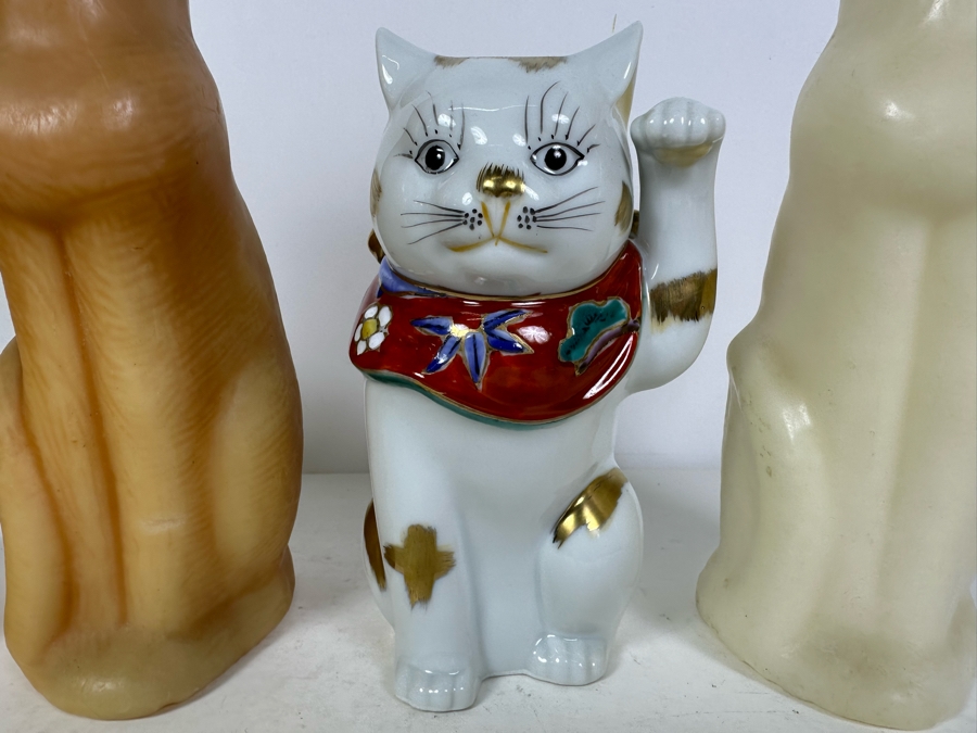 Three MCM Wax Cat Candles 11'H And Signed Porcelain Japanese Hand Painted Cat 7.5'H [Photo 2]