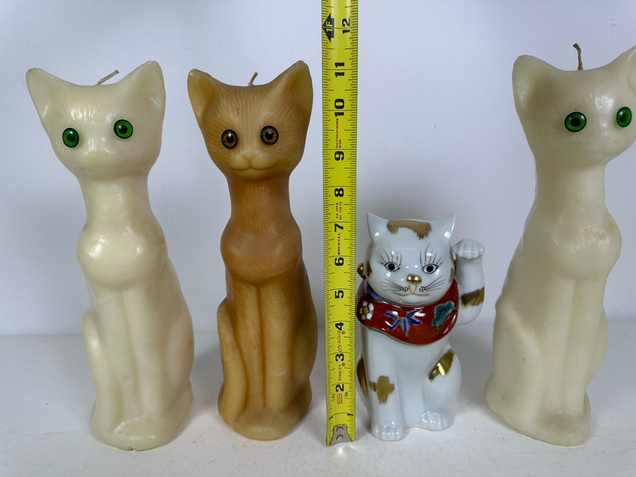 Three MCM Wax Cat Candles 11'H And Signed Porcelain Japanese Hand Painted Cat 7.5'H [Photo 6]