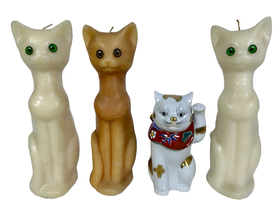 Three MCM Wax Cat Candles 11'H And Signed Porcelain Japanese Hand Painted Cat 7.5'H