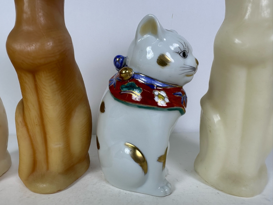 Three MCM Wax Cat Candles 11'H And Signed Porcelain Japanese Hand Painted Cat 7.5'H [Photo 3]