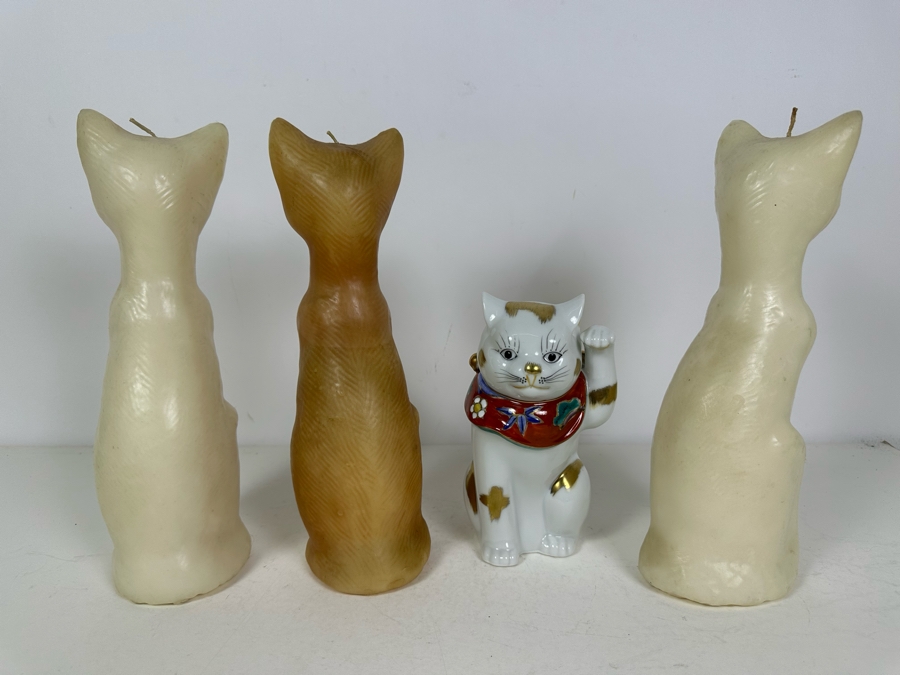 Three MCM Wax Cat Candles 11'H And Signed Porcelain Japanese Hand Painted Cat 7.5'H [Photo 7]