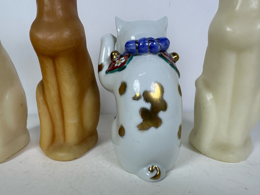Three MCM Wax Cat Candles 11'H And Signed Porcelain Japanese Hand Painted Cat 7.5'H [Photo 4]
