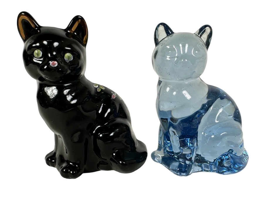 Pair Of Vintage Fenton Glass Cat Figurines 3.5'H