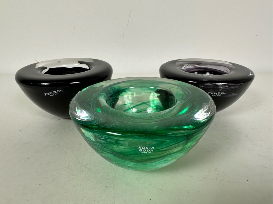 Three Swedish Anna Ehrner For Kosta Boda Art Glass Candle Votives 4.5'W [Photo 2]