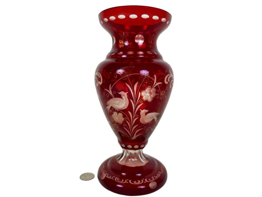 Etched Ruby Red Crystal Vase 10'H