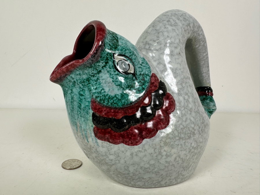 Vintage MCM Italian Hand Painted Ceramic Fish Pitcher 9'W X 8'H [Photo 3]