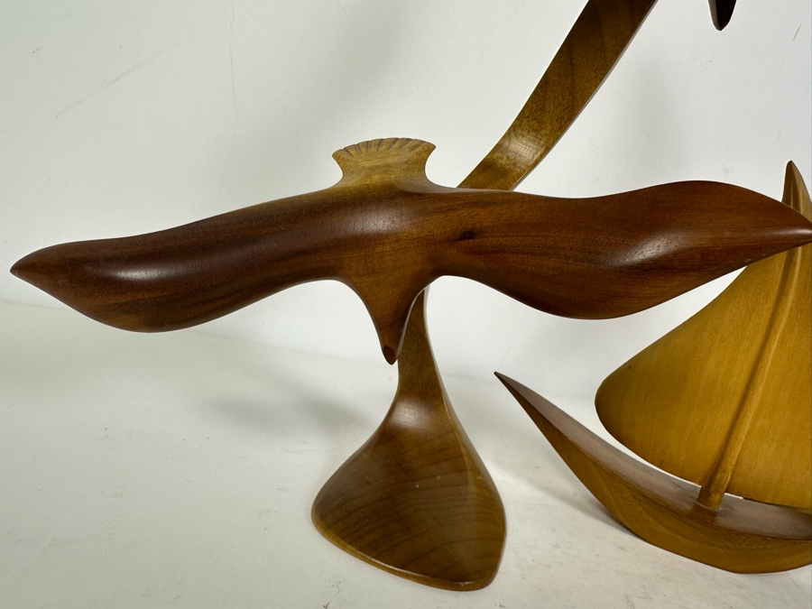 Nautical Decor: Wooden Seagull Sculpture 11'H, Wooden Sailboat And Pair Of Brass Sailboats [Photo 3]