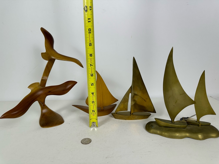 Nautical Decor: Wooden Seagull Sculpture 11'H, Wooden Sailboat And Pair Of Brass Sailboats [Photo 8]