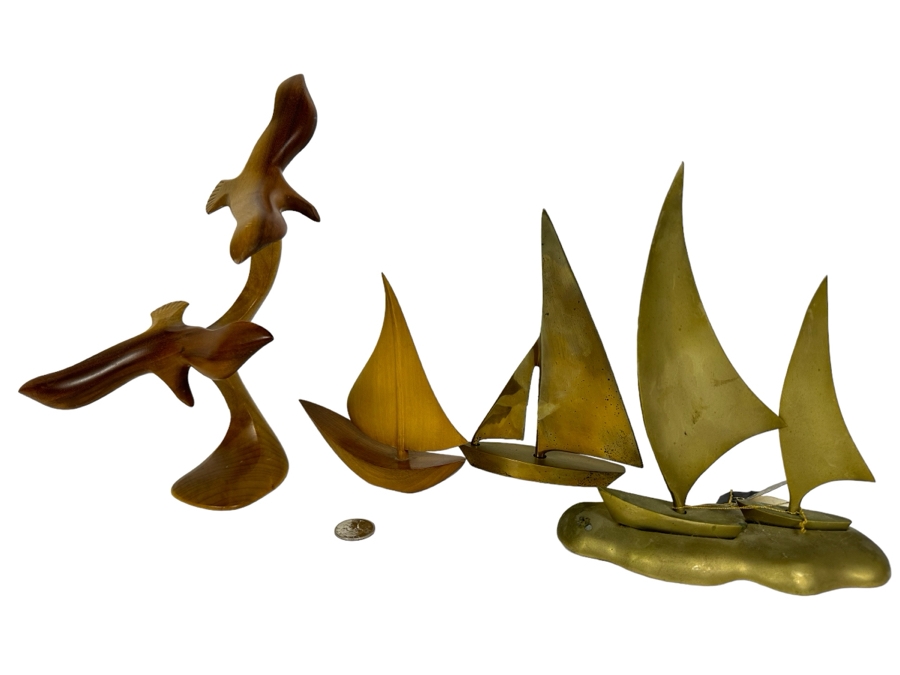 Nautical Decor: Wooden Seagull Sculpture 11'H, Wooden Sailboat And Pair Of Brass Sailboats [Photo 1]