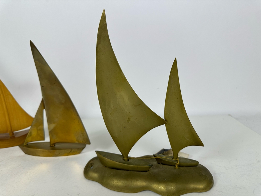 Nautical Decor: Wooden Seagull Sculpture 11'H, Wooden Sailboat And Pair Of Brass Sailboats [Photo 7]