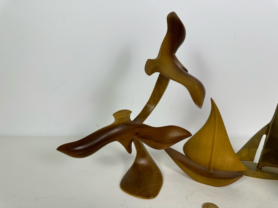 Nautical Decor: Wooden Seagull Sculpture 11'H, Wooden Sailboat And Pair Of Brass Sailboats [Photo 2]
