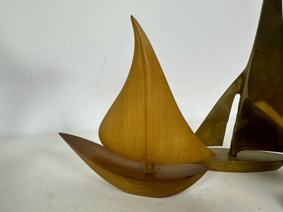 Nautical Decor: Wooden Seagull Sculpture 11'H, Wooden Sailboat And Pair Of Brass Sailboats [Photo 5]