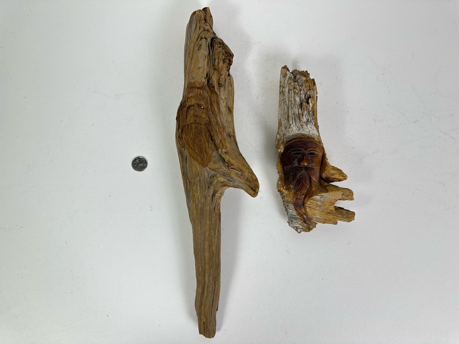 Pair Of Vintage Hand Carved Wooden Face In Branch Sculptures 20'L & 10'L [Photo 6]