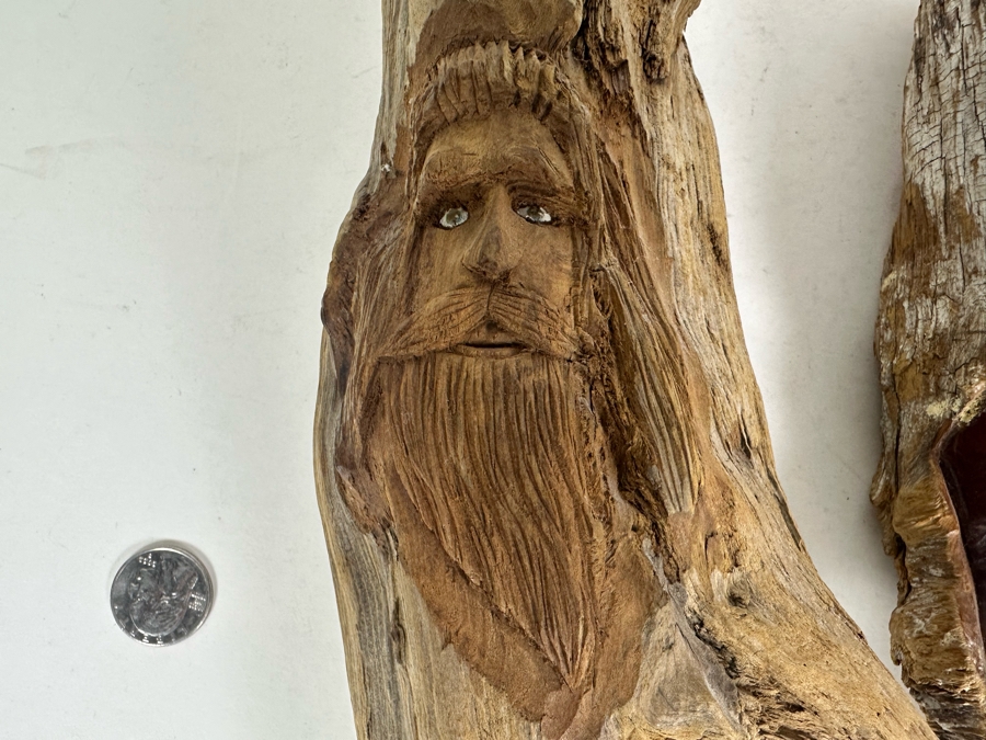 Pair Of Vintage Hand Carved Wooden Face In Branch Sculptures 20'L & 10'L [Photo 3]