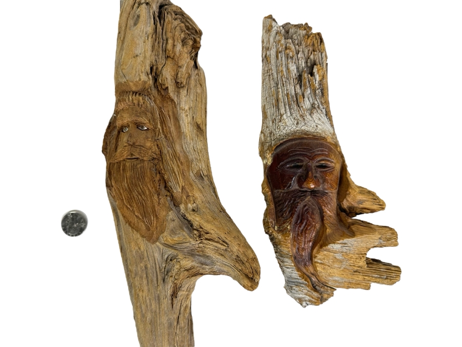 Pair Of Vintage Hand Carved Wooden Face In Branch Sculptures 20'L & 10'L [Photo 1]