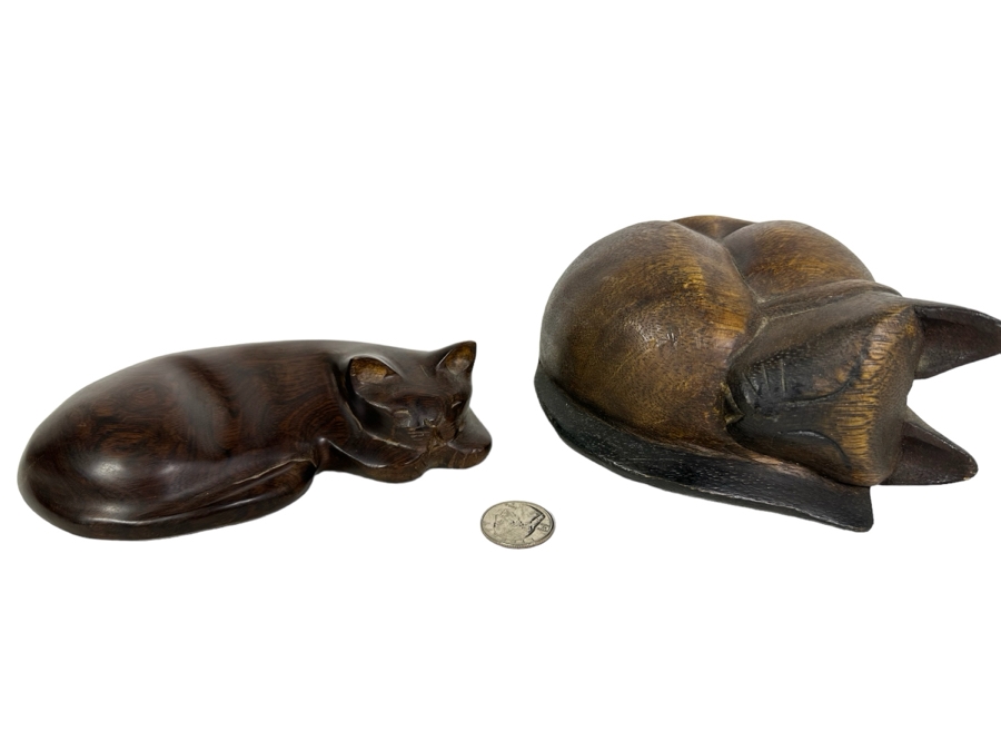Pair Of Carved Wooden Cat Figurines 6.5'W [Photo 1]