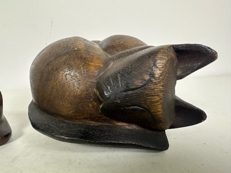 Pair Of Carved Wooden Cat Figurines 6.5'W [Photo 3]