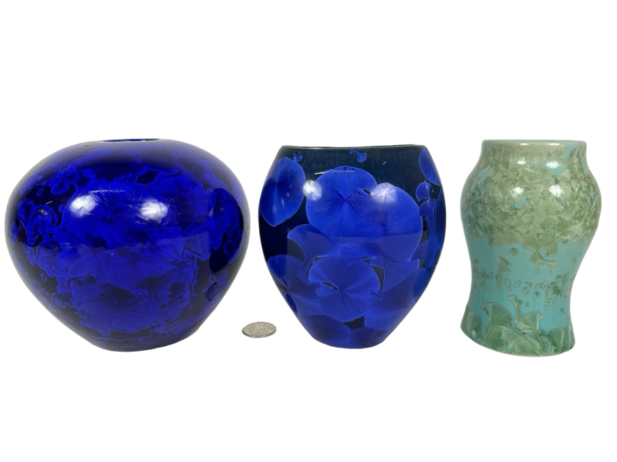Three Signed Crystalline Art Pottery Vases 5.5'H