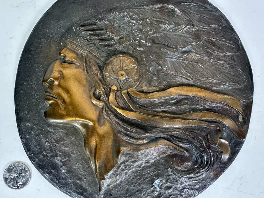Vintage Cast Bronze / Copper Bas-Relief Wall Plaque Of A Native American Chief Signed N. Cox 8.75'W [Photo 2]