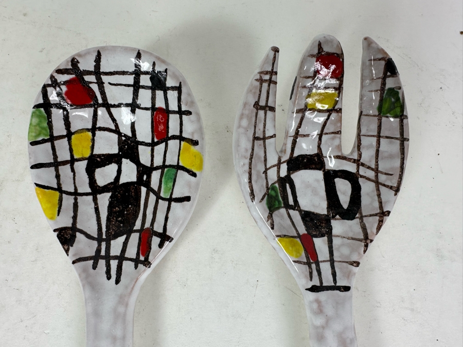 Vintage Hand Painted Italian Modernist Salad Server 2 Piece Set 11'L [Photo 5]