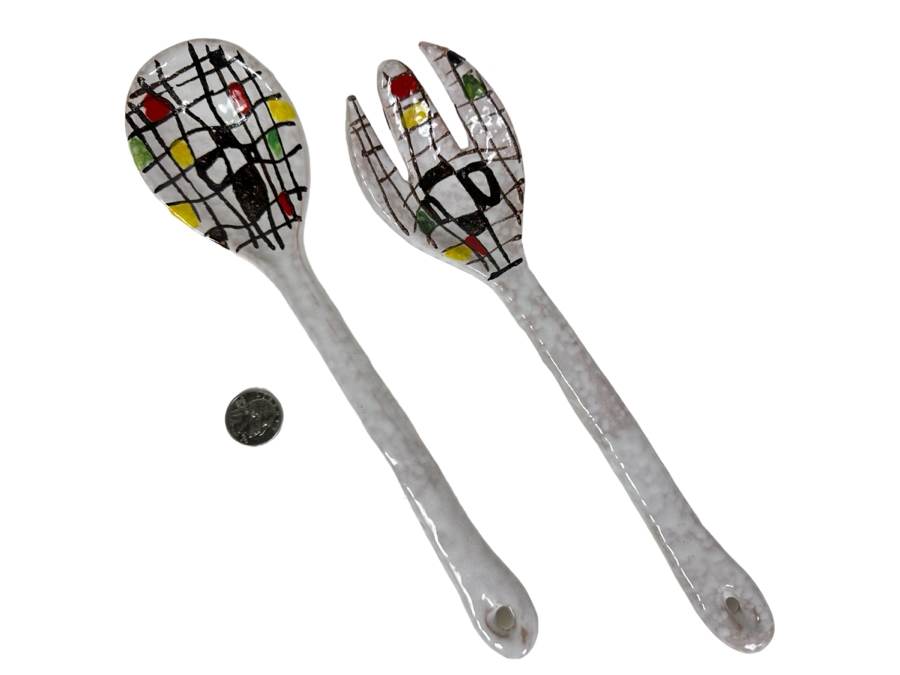 Vintage Hand Painted Italian Modernist Salad Server 2 Piece Set 11'L